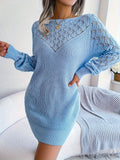 Plus Size Hollow Out Knitted Sweater Dress for Women, Elegant Long Sleeve Dress for Spring & Winter