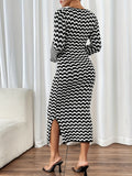 Scallop Pattern Knit Trumpet Dress, Elegant Long Flare Sleeve Crew Neck Split Hem Dress For Fall & Winter, Women's Clothing