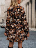 Bjlxn Stunning Floral Print V-neck Belted Dress - Stylish Long Sleeve Design with Adjustable Waist, Perfect for Spring and Fall Seasons - Elegant Womens Clothing for Everyday Wear