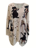 Bjlxn Charming V-Neck Dress with Cat Motif – Versatile Long Sleeves & Comfortable Dual Pockets – Perfect for Casual Wear