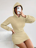 Cozy Drop Shoulder Long Sleeve Sweatshirt Dress - Women's Casual Solid Color Drawstring Slim Fit Fall Clothing with Relaxed Fit and Soft Fabric