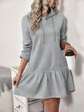 Elegant Women's Hooded Knee-Length Knit Dress with Ruffle Hem and Long Sleeves - Solid Polyester, Adult Fall/Winter Collection