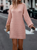 Long Sleeve Cable Knitted Crew Neck Elegant Sweater Dress, Plain Color Women's Clothing