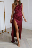 Fashion Elegant Solid Patchwork Slit Oblique Collar Evening Dress Dresses(4 Colors)