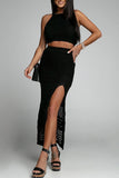 Bjlxn - Sexy Vacation Solid Patchwork Slit O Neck Sleeveless Two Pieces