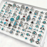 50pc Timeless Vintage Boho Blue Gemstone Ring Set - Diverse Bohemian Designs for Women - Ethnic Cocktail Finger Jewelry Collection