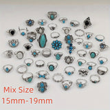 50pc Timeless Vintage Boho Blue Gemstone Ring Set - Diverse Bohemian Designs for Women - Ethnic Cocktail Finger Jewelry Collection