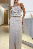 Elegant Simplicity Solid Appliques Slit Sleeveless Two Pieces