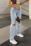 Bjlxn - Casual Solid Ripped High Waist Denim Jeans