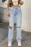 Bjlxn - Casual Solid Ripped High Waist Denim Jeans