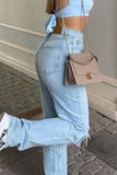 Bjlxn - Casual Solid Ripped High Waist Denim Jeans