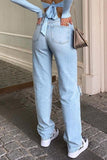 Bjlxn - Casual Solid Ripped High Waist Denim Jeans