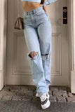 Bjlxn - Casual Solid Ripped High Waist Denim Jeans