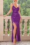 Bjlxn - Sexy Party Solid Sequins Slit V Neck Wrapped Skirt Dresses