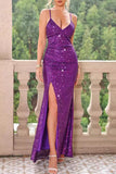 Bjlxn - Sexy Party Solid Sequins Slit V Neck Wrapped Skirt Dresses