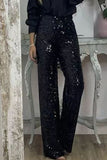 Bjlxn - Casual Solid Sequins Sequined Straight High Waist Speaker Solid Color Bottoms