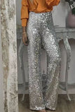 Bjlxn - Casual Solid Sequins Sequined Straight High Waist Speaker Solid Color Bottoms