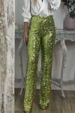 Bjlxn - Casual Solid Sequins Sequined Straight High Waist Speaker Solid Color Bottoms