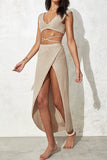 Bjlxn - Sexy Vacation Solid Frenulum Slit Weave V Neck Sleeveless Two Pieces