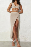 Bjlxn - Sexy Vacation Solid Frenulum Slit Weave V Neck Sleeveless Two Pieces