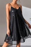 Bjlxn - Sexy Solid Sequins Mesh V Neck Sling Dresses