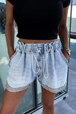 Bjlxn - Casual Street The stars Draw String Hot Drill High Waist Loose Denim Shorts