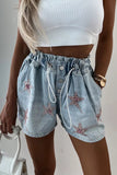 Bjlxn - Casual Street The stars Draw String Hot Drill High Waist Loose Denim Shorts