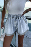 Bjlxn - Casual Street The stars Draw String Hot Drill High Waist Loose Denim Shorts