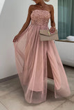 Bjlxn - Elegant Solid Flowers Slit Mesh Strapless Sleeveless Dresses