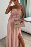 Bjlxn - Elegant Solid Flowers Slit Mesh Strapless Sleeveless Dresses