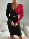 Off the Shoulder Color Block Midi Sweater Dress with Chain Detail - Polyester Knit Fabric, Bodycon Silhouette, Batwing Sleeves, Flared Hem - Fall/Winter Collection