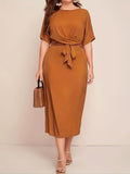 Chic All-Season Elegance: Durable Knit, Non-Sheer Solid Color Dress with Crew Neck, Half-Sleeves, and Flattering Tie Waist