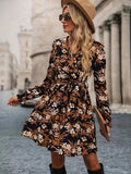 Bjlxn Stunning Floral Print V-neck Belted Dress - Stylish Long Sleeve Design with Adjustable Waist, Perfect for Spring and Fall Seasons - Elegant Womens Clothing for Everyday Wear