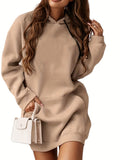 Bjlxn Cozy Kangaroo Pocket Long Sleeve Sweatshirt Dress - Soft, Casual, Solid Color, Drawstring Hooded, Above Knee, Relaxed Fit, Women's Clothing for Everyday Wear