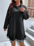 Plus Size Gingham Pattern Women's Casual Drawstring Hooded Long Sleeve Sweatshirt Dress with Ruffle Hem