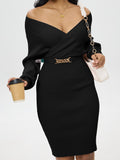 Women's Elegant Chain Linked Slim Knitted Bodycon Knee Length Dress with Batwing Sleeve and Surplice Neck for Fall & Winter