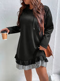 Plus Size Gingham Pattern Women's Casual Drawstring Hooded Long Sleeve Sweatshirt Dress with Ruffle Hem