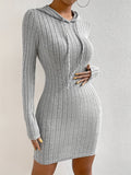 Women's Elegant Ribbed Knit Hoodie Dress, Solid Color, Polyester, Straight Fit, Pullover, for Adults, Autumn/Winter Collection