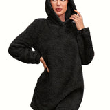 Bjlxn Cozy Fuzzy Solid Color Loose Fit Hooded Dress - Women's Casual Long Sleeve Dresses for Fall & Winter - Soft, Warm, and Comfortable Clothing for Everyday Wear