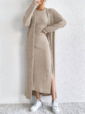 Long Sleeve Solid Ribbed Knitted Elegant Open Front Cardigan & Crew Neck Split Tank Dress Set, Women's Clothing