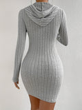 Women's Elegant Ribbed Knit Hoodie Dress, Solid Color, Polyester, Straight Fit, Pullover, for Adults, Autumn/Winter Collection