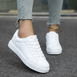 Bjlxn White Women's Versatile Low Top Flat Sneakers, Lace Up Casual Outdoor Walking Trainers