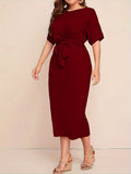 Chic All-Season Elegance: Durable Knit, Non-Sheer Solid Color Dress with Crew Neck, Half-Sleeves, and Flattering Tie Waist