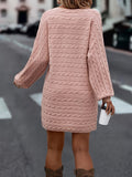 Long Sleeve Cable Knitted Crew Neck Elegant Sweater Dress, Plain Color Women's Clothing