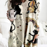 Bjlxn Charming V-Neck Dress with Cat Motif – Versatile Long Sleeves & Comfortable Dual Pockets – Perfect for Casual Wear