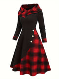 1pc Women's Casual Plaid Hooded Long Sleeve A-Line Dress, Polyester Knit Fabric, Color Block Design, for Autumn/Winter Season