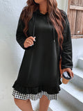 Plus Size Gingham Pattern Women's Casual Drawstring Hooded Long Sleeve Sweatshirt Dress with Ruffle Hem