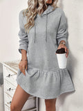 Elegant Women's Hooded Knee-Length Knit Dress with Ruffle Hem and Long Sleeves - Solid Polyester, Adult Fall/Winter Collection