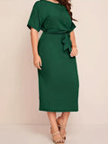 Chic All-Season Elegance: Durable Knit, Non-Sheer Solid Color Dress with Crew Neck, Half-Sleeves, and Flattering Tie Waist