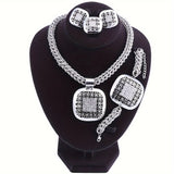 Tone Rhinestone Square Necklace Earrings Bracelet Ring Set, Vintage Ethnic Style Women's Wedding Party Jewelry Gift Set